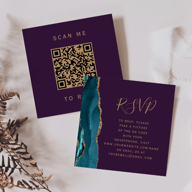 Budget Teal Gold Agate Purple Wedding QR Code RSVP Enclosure Card (Creator Uploaded)