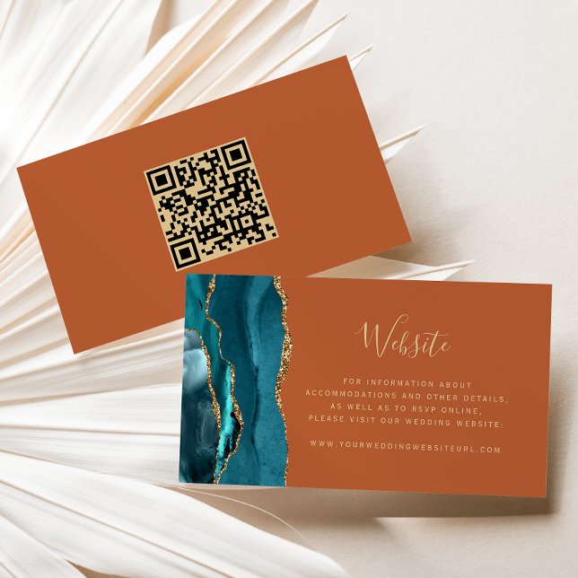 Budget Teal Gold Agate Rust Wedding QR Code Enclosure Card (Creator Uploaded)