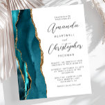 Budget Teal Gold Agate Script Wedding Invitation<br><div class="desc">The left-hand edge of this elegant modern wedding invitation features a teal watercolor agate border trimmed with faux gold glitter. The customisable text combines script and sans serif fonts in charcoal grey on a white background. The reverse side features a matching teal and gold agate design.</div>