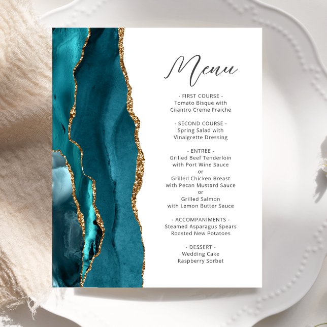 Budget Teal Gold Agate Script Wedding Menu (Creator Uploaded)