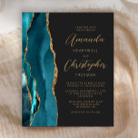 Budget Teal Gold Agate Slate Wedding Invitation<br><div class="desc">The left-hand edge of this elegant modern wedding invitation features a teal watercolor agate border trimmed with faux gold glitter. The customisable text combines gold-coloured script and sans serif fonts on a slate black background. The reverse side features a matching teal and gold agate design.</div>