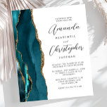 Budget Teal Gold Agate Wedding Invitation<br><div class="desc">The left-hand edge of this elegant modern wedding invitation features a teal watercolor agate border trimmed with faux gold glitter. The customisable text combines charcoal grey script and sans serif fonts on a white background. The reverse side features a matching teal and gold agate design.</div>