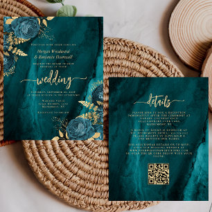 Budget Teal Gold Floral QR Code Wedding Invite