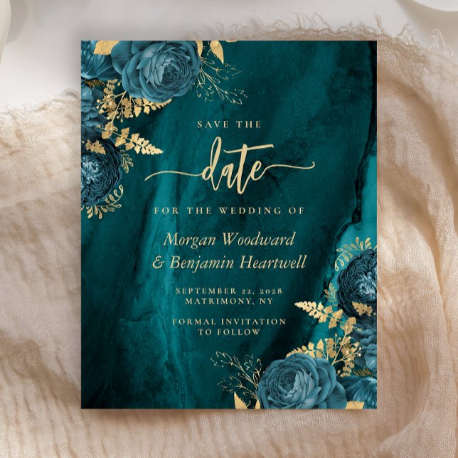 Budget Teal Gold Floral Wedding Save the Date (Creator Uploaded)