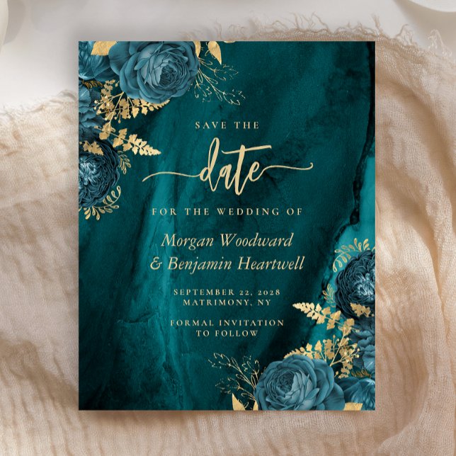 Budget Teal Gold Floral Wedding Save the Date (Creator Uploaded)