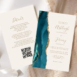 Budget Teal Gold Ivory QR Code Wedding Invitation<br><div class="desc">Save the cost of printing and mailing separate RSVP cards with this elegant modern all-in-one budget wedding invitation. The left-hand edge features a teal blue watercolor agate border trimmed with gold faux glitter. The customisable text combines gold-coloured handwriting, copperplate and italic fonts on an ivory background. The reverse side provides...</div>