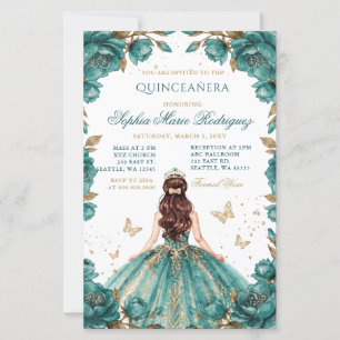 Budget Teal Gold Princess Floral Tiara Quinceañera