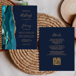 Budget Teal Gold QR Code Navy Blue Wedding Invite<br><div class="desc">Save the cost of printing and mailing separate RSVP cards with this elegant modern all-in-one budget wedding invitation. The left-hand edge features a teal blue watercolor agate border trimmed with gold faux glitter. The customisable text combines gold-coloured handwriting, copperplate and italic fonts on a navy blue background. The reverse side...</div>