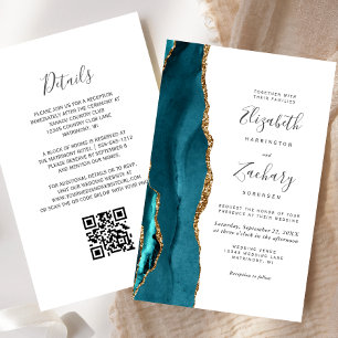 Budget Teal Gold QR Code Wedding Invitation