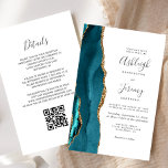 Budget Teal Gold QR Code Wedding Invitation<br><div class="desc">Save the cost of printing and mailing separate RSVP cards with this elegant modern all-in-one budget wedding invitation. The left-hand edge features a teal blue watercolor agate border trimmed with gold faux glitter. The customisable text combines charcoal grey handwriting, copperplate and italic fonts on a white background. The reverse side...</div>
