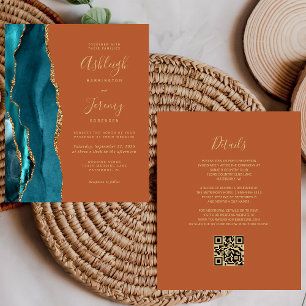 Budget Teal Gold Rust QR Code Wedding Invitation