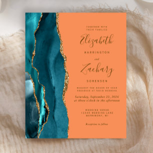 Budget Teal Gold Tangerine Agate Wedding Invite