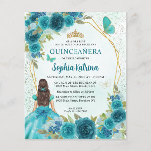 Budget Teal Green Gold Floral Princess Quinceañera