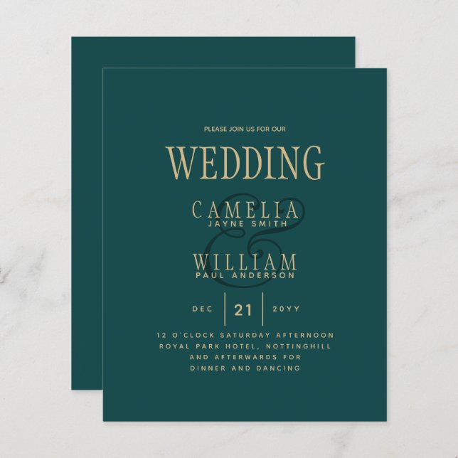BUDGET TEAL Green Gold Monochrome Wedding Invite (Front/Back)