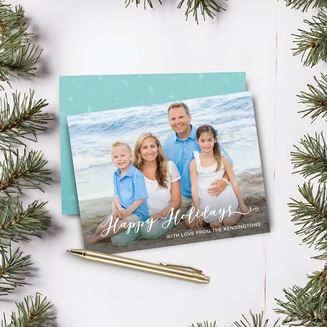 Budget Teal Happy Holidays Handwritten Photo (Budget Teal Happy Holidays Handwritten Photo Christmas Card)