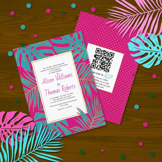 BUDGET teal magenta pink leaves wedding invitation (Creator Uploaded)