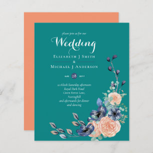 BUDGET Teal Navy Coral Floral Wedding Invitations