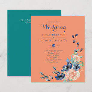 BUDGET Teal Navy Coral Floral Wedding Invitations