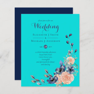 BUDGET  Teal Navy Coral Floral Wedding Invitations