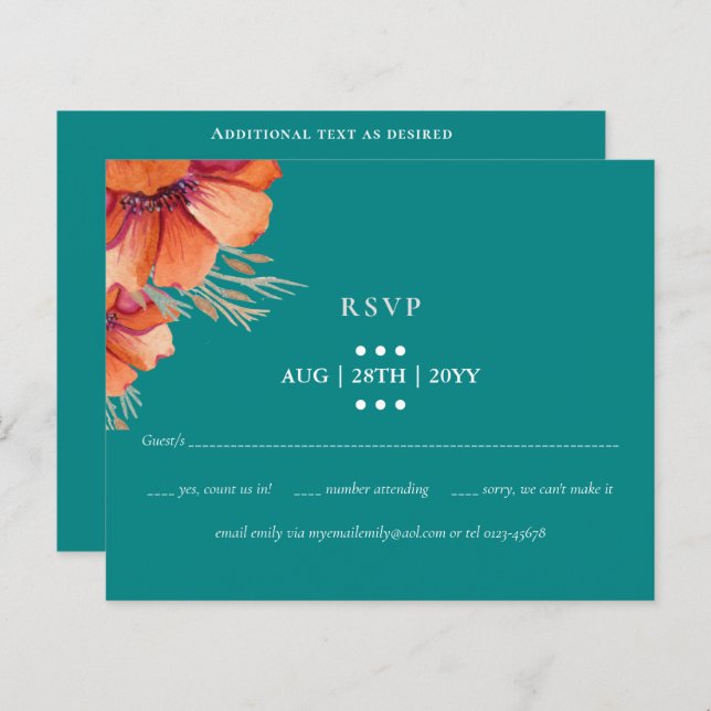 BUDGET Teal Orange Floral Wedding RSVP (Front/Back)