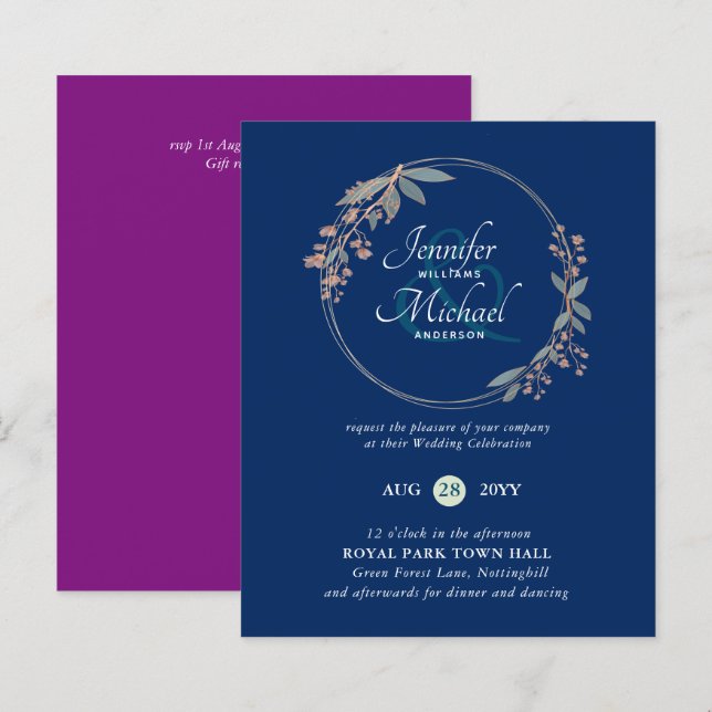 BUDGET Teal Orange Leaves Wedding Invitation (Front/Back)