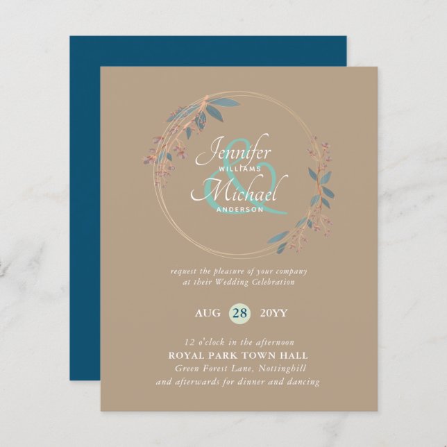 BUDGET Teal Orange Leaves Wedding Invitation (Front/Back)
