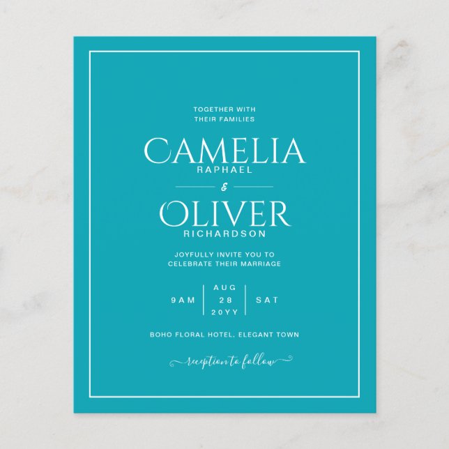 BUDGET Teal Peacock Blue MONOCHROME Wedding Flyer (Front)