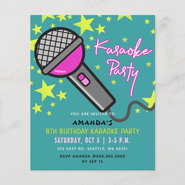 Budget Teal Pink Kids Karaoke Party Invitation (Front)