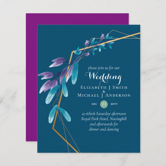 BUDGET Teal Purple Gold Wreath Wedding Invitations (Front/Back)