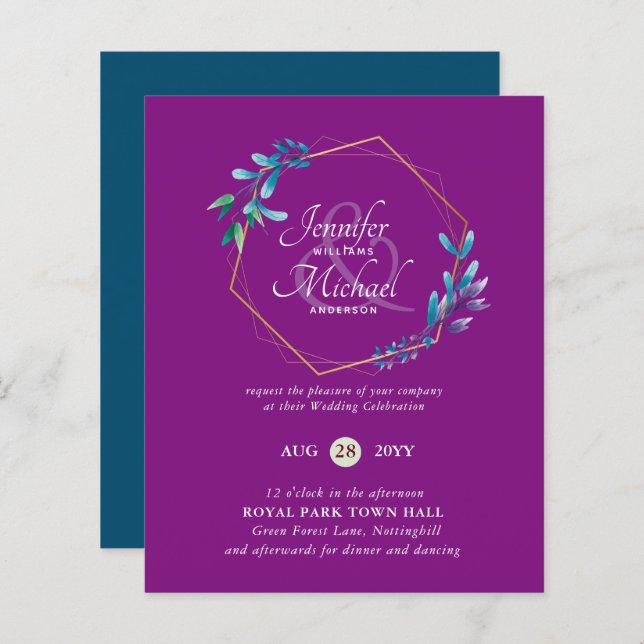 BUDGET Teal Purple Gold Wreath Wedding Invitations (Front/Back)