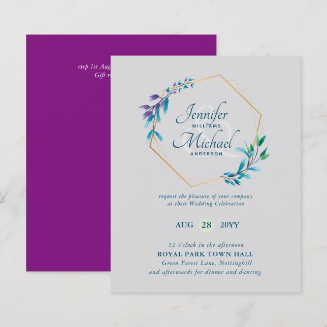 BUDGET Teal Purple Gold Wreath Wedding Invitations (Front/Back)