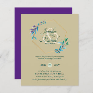 BUDGET Teal Purple Gold Wreath Wedding Invitations