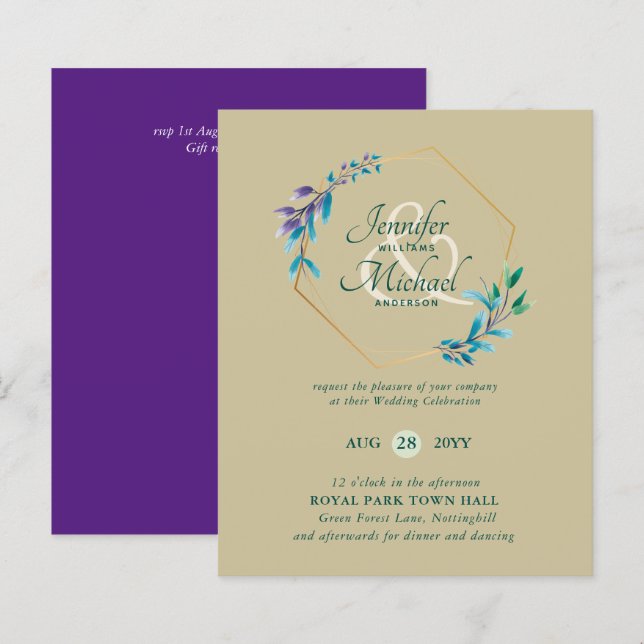 BUDGET Teal Purple Gold Wreath Wedding Invitations (Front/Back)