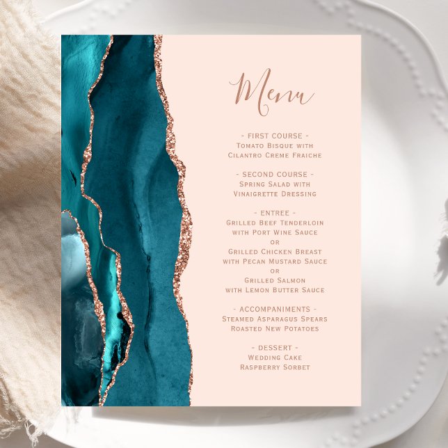 Budget Teal Rose Gold Agate Blush Wedding Menu (Creator Uploaded)
