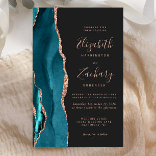 Budget Teal Rose Gold Agate Dark Wedding Invite