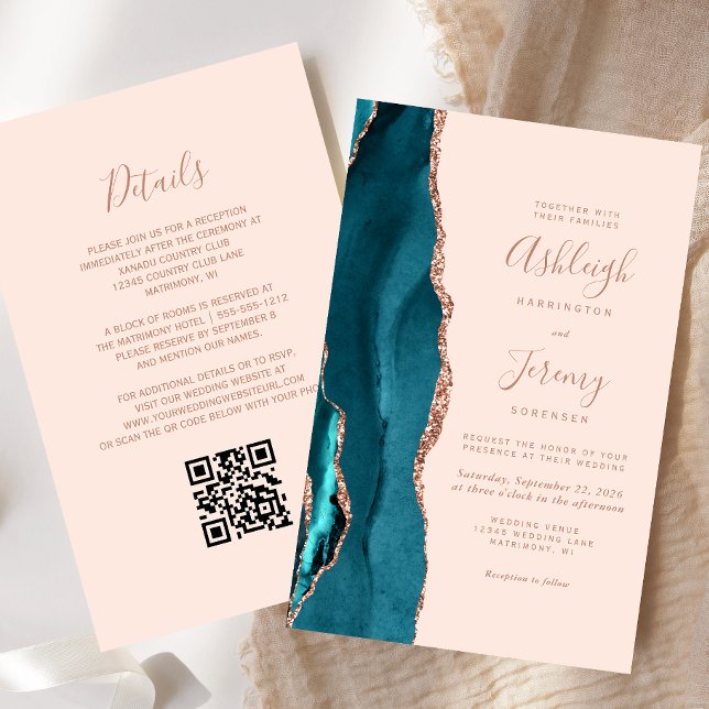Budget Teal Rose Gold Blush QR Code Wedding Invite (Creator Uploaded)