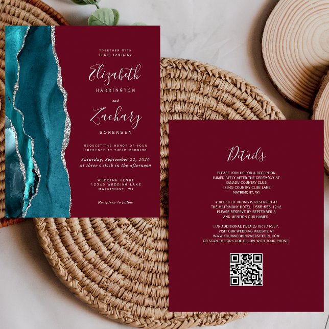 Budget Teal Silver Agate Burgundy QR Code Wedding (Creator Uploaded)