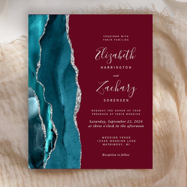 Budget Teal Silver Agate Burgundy Wedding Invite (Creator Uploaded)