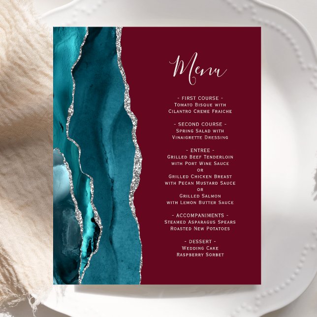 Budget Teal Silver Agate Burgundy Wedding Menu (Creator Uploaded)