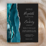 Budget Teal Silver Agate Dark Wedding Invitation<br><div class="desc">The left-hand edge of this elegant modern wedding invitation features a teal blue watercolor agate border trimmed with faux silver glitter. The customisable text combines handwriting,  copperplate and italic fonts in silver grey on an off-black background. The reverse side features a matching teal and silver agate design.</div>