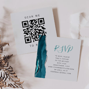 Budget Teal Silver Agate Grey Wedding QR Code RSVP Enclosure Card