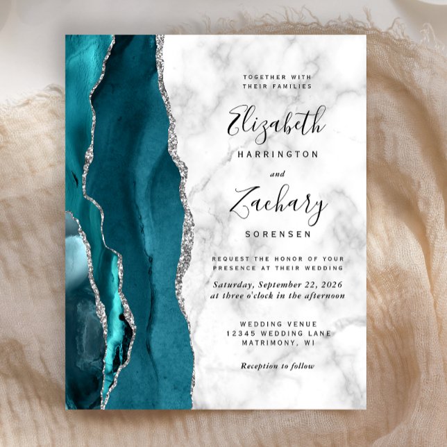 Budget Teal Silver Agate Marble Wedding Invite (Creator Uploaded)