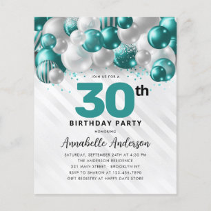 Budget Teal Silver Balloon Glitter 30th Birthday