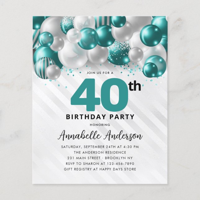 Budget Teal Silver Balloon Glitter 40th Birthday (Front)