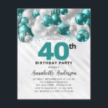 Budget Teal Silver Balloon Glitter 40th Birthday<br><div class="desc">Modern Glam Teal Green Silver Balloon Glitter Sparkle Any Age Birthday Invitation</div>