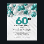 Budget Teal Silver Balloon Glitter 60th Birthday<br><div class="desc">Modern Glam Teal Green Silver Balloon Glitter Sparkle Any Age Birthday Invitation</div>
