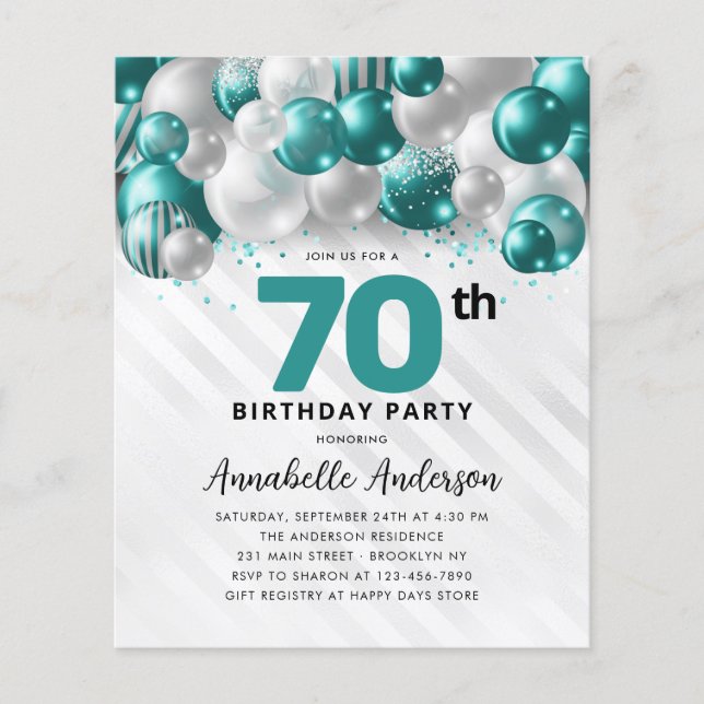 Budget Teal Silver Balloon Glitter 70th Birthday (Front)