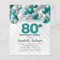 Budget Teal Silver Balloon Glitter 80th Birthday