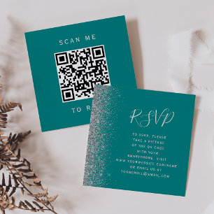 Budget Teal Silver Glitter Wedding QR Code RSVP Enclosure Card