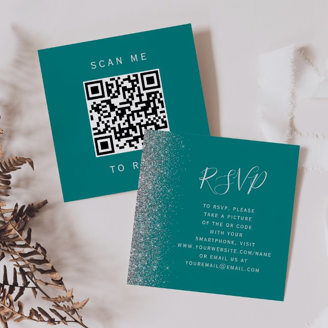 Budget Teal Silver Glitter Wedding QR Code RSVP Enclosure Card (Creator Uploaded)